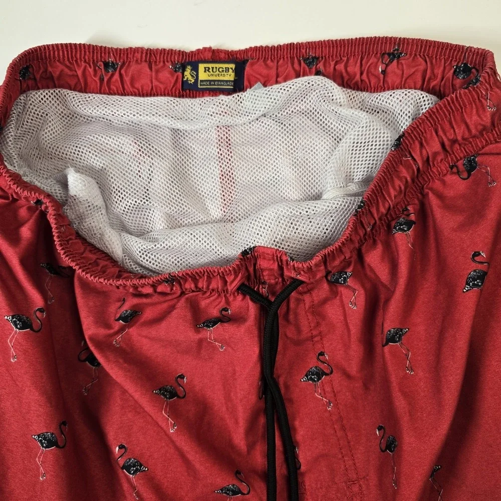 Rugby University Red w/ Cool Black Flamingo Print Swim Trunks Shorts Size Large‎